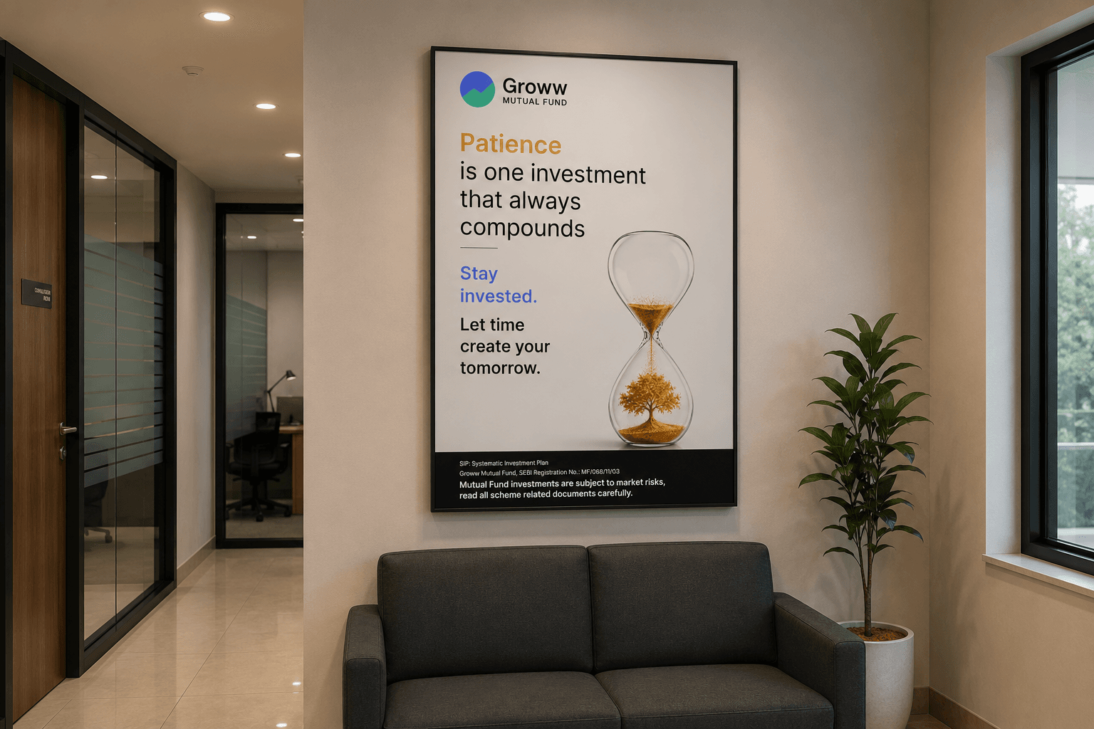 Wall creative installed above a seating area in a distributor office